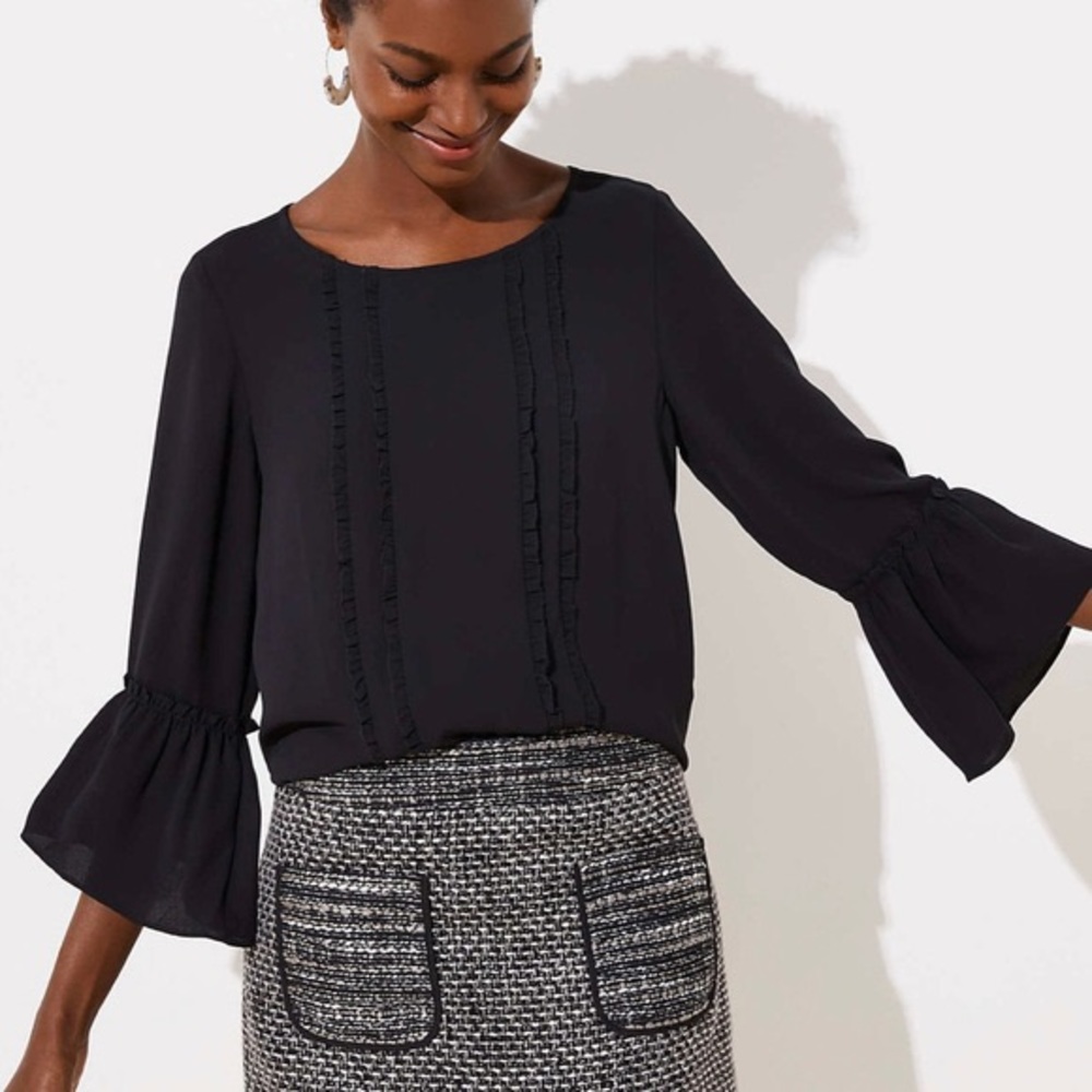 NWT Loft Black Ruffle Bell Sleeve Blouse